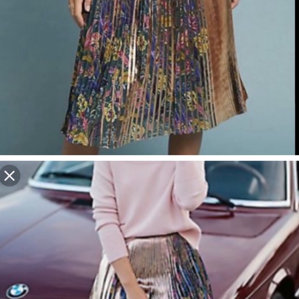 Anthropologie Printed + Pleated Metallic Skirt